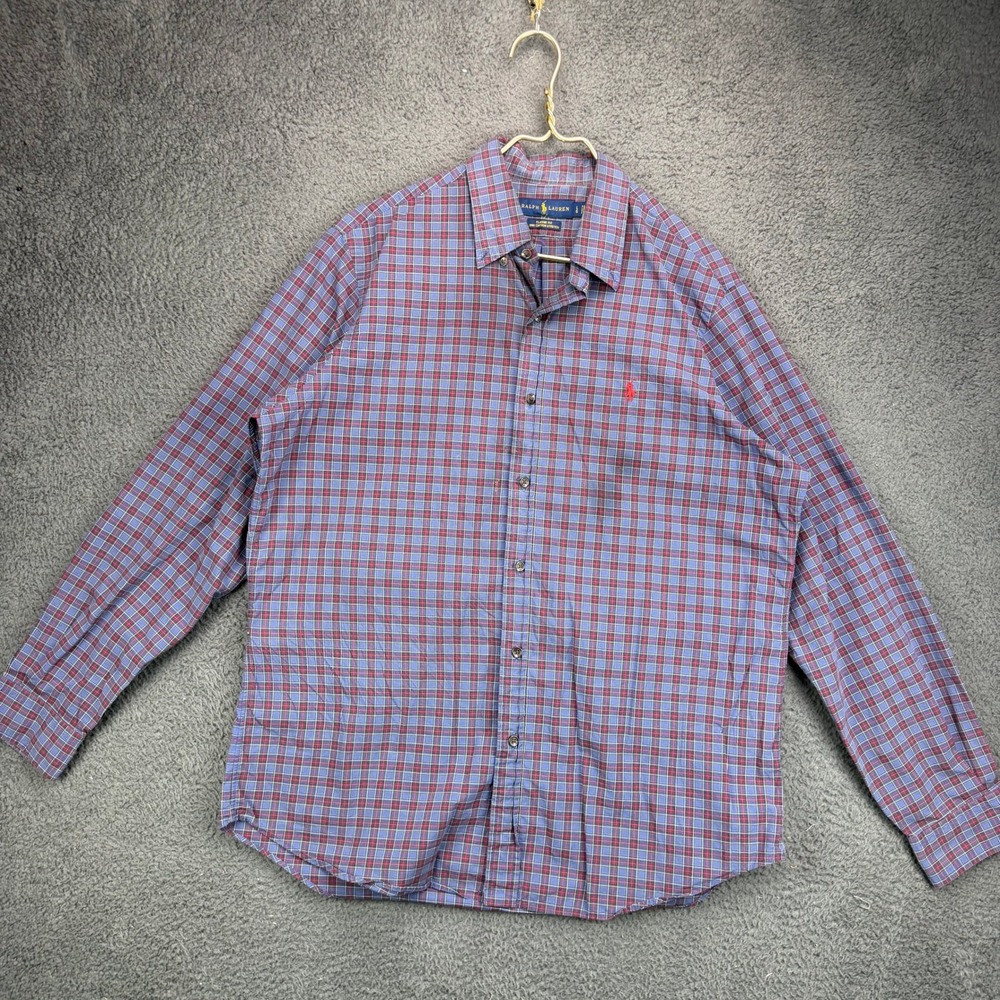 Ralph Lauren Mens Classic Fit Plaid Button Down Shirt Blue Red Large L Stretch